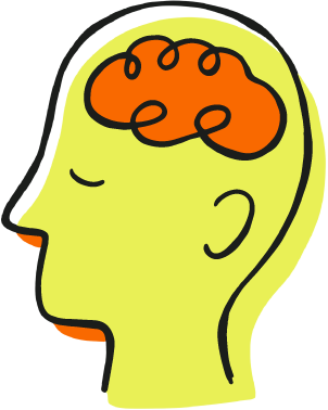 Cartoon illustration of a yellow chick with an orange brain inside its head.