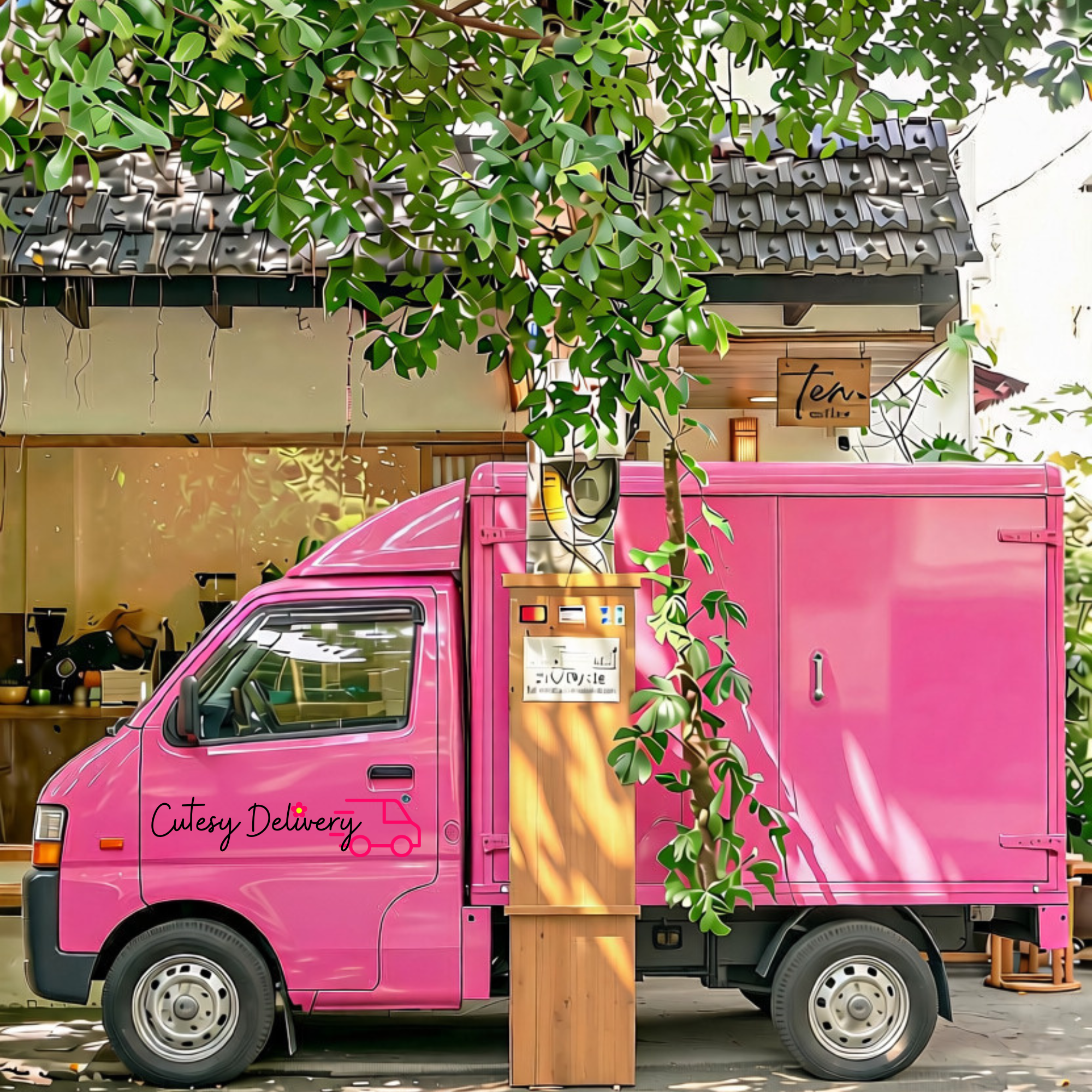 Pink Cutesy Delivery van delivering flowers in Edmonton
