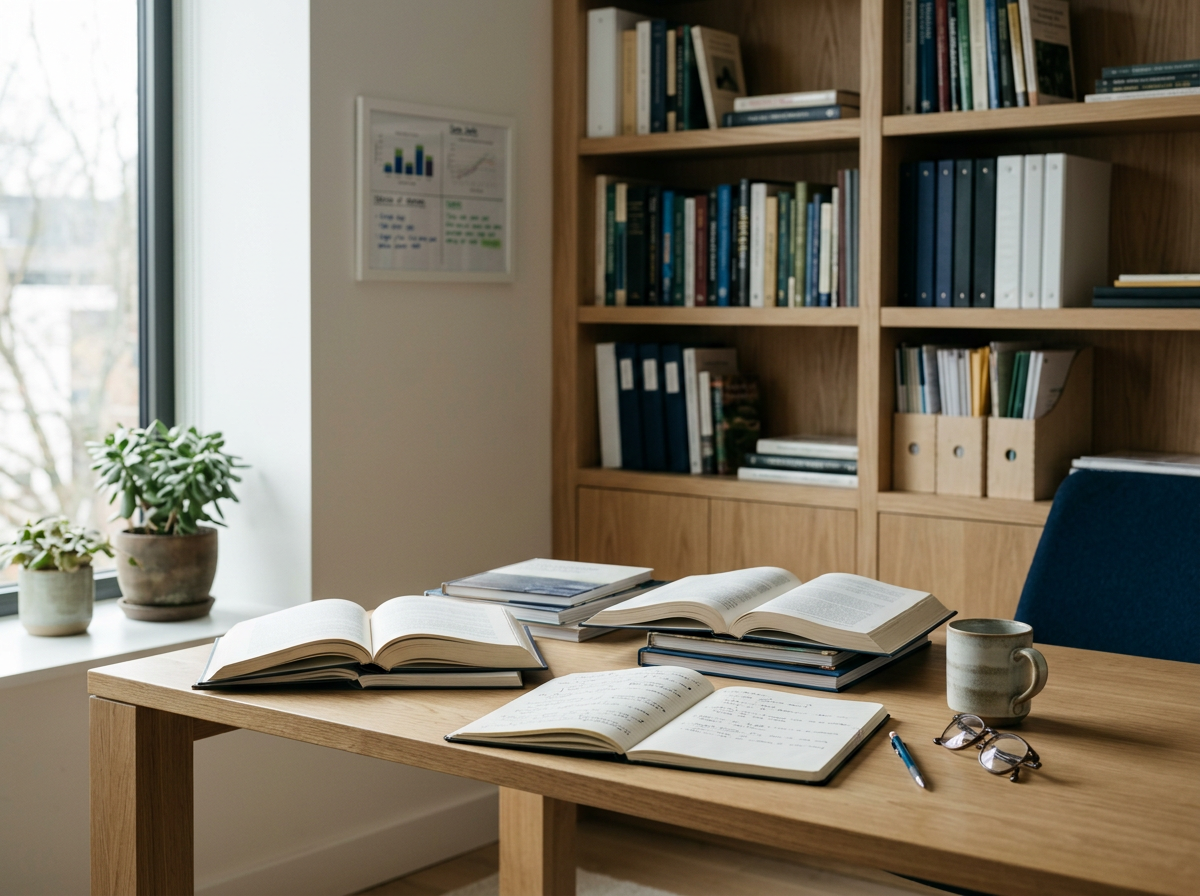 An organized office or study workspace with a wooden desk, open books, notebooks, a pen, a coffee mug, and eyeglasses; a wooden bookshelf filled with books and folders; a window with plants and a chart on the wall.