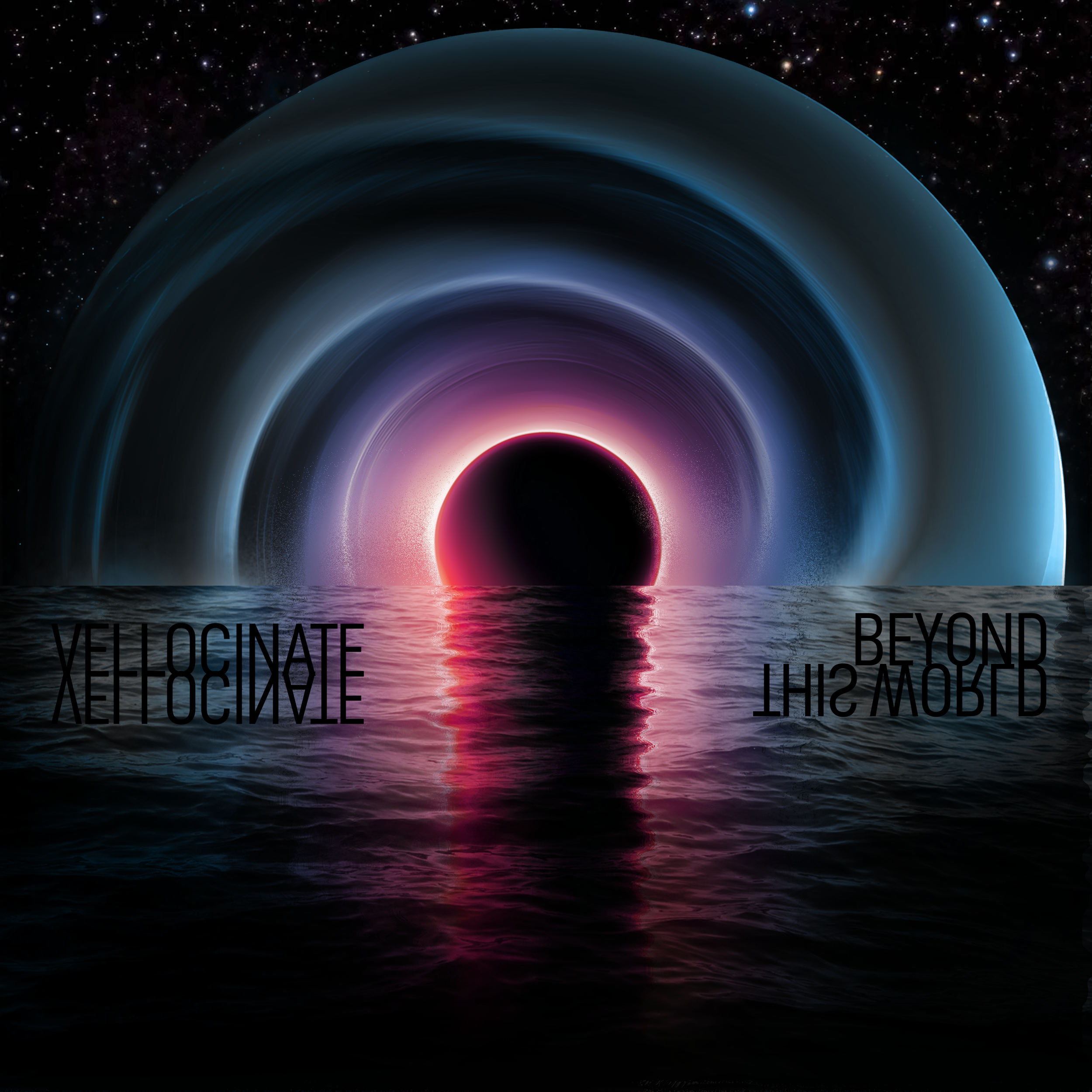 A cosmic scene showing a black hole with colorful rings and a reflection on water, with stars and space in the background. Text at the bottom reads 'VELOCINATE' and 'BEYOND THIS WORLD'.