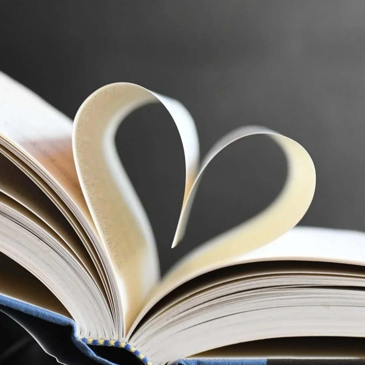 Open book with pages folded into heart shapes on a dark background.