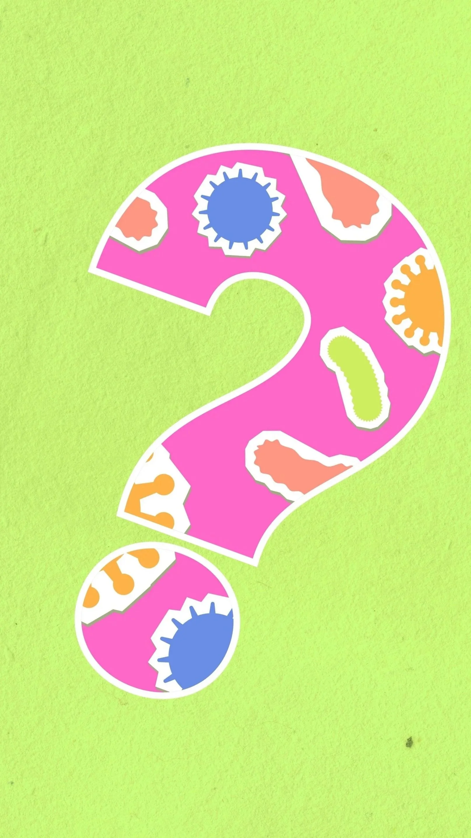 Colorful educational sticker design with large pink number 2 surrounded by various colorful virus-like shapes on a bright green background.