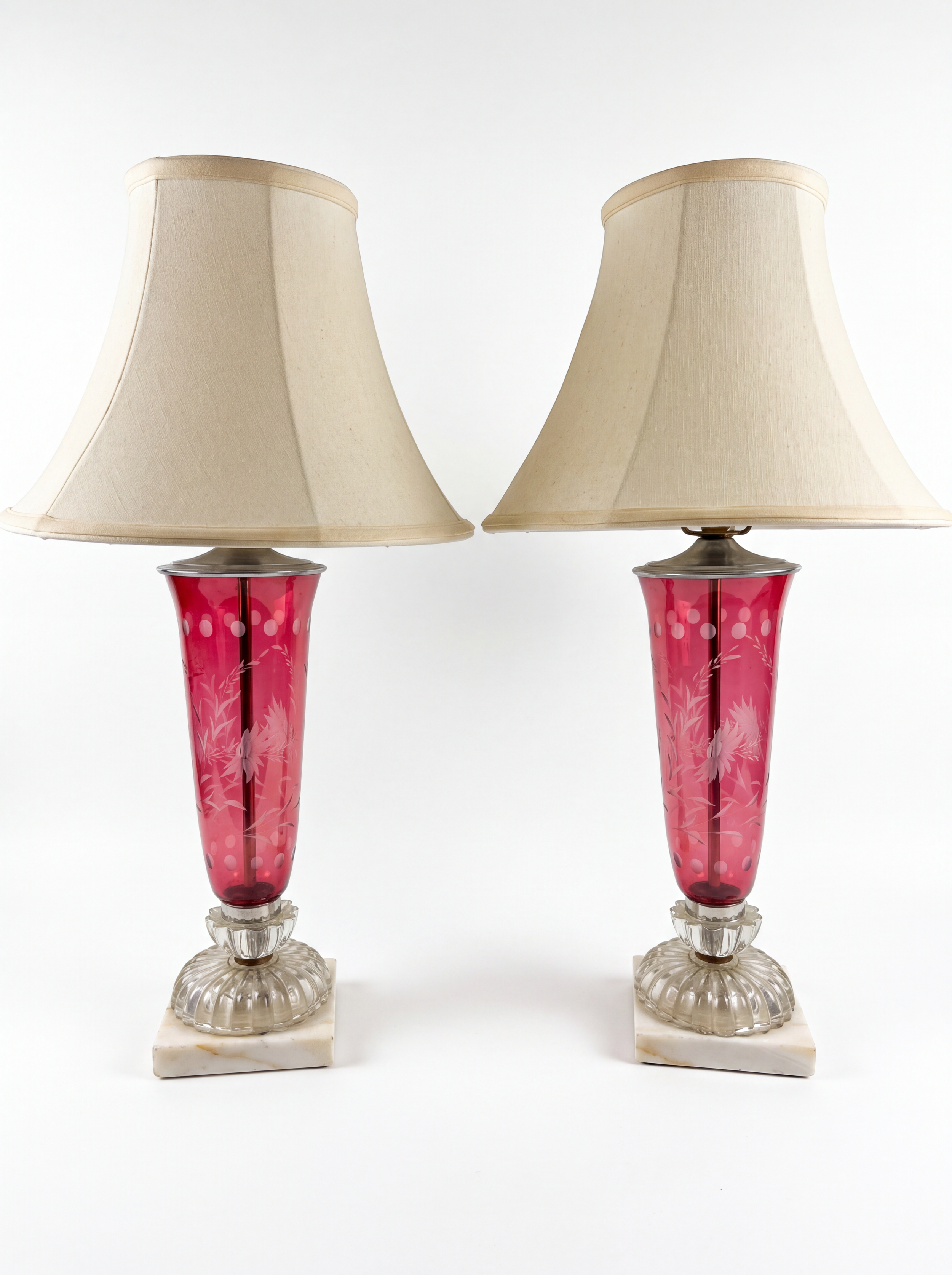 Pair of Tall Cranberry Glass Lamps