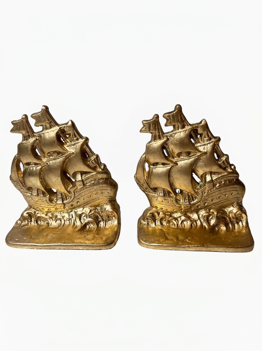 Gilt Brass Ship Bookends