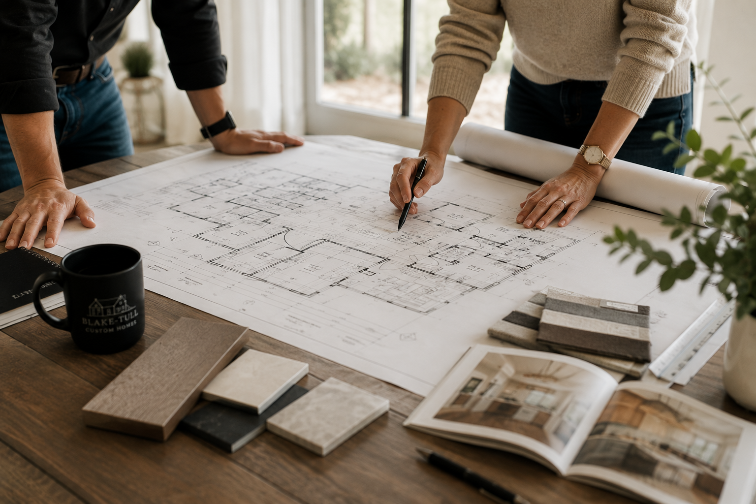 Two people are working on an architectural blueprint spread across a wooden table.