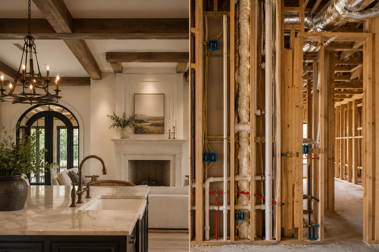 Interior of a partially finished home with exposed wood framing, plumbing, and electrical wiring, next to a furnished living room with a fireplace and ceiling beams.
