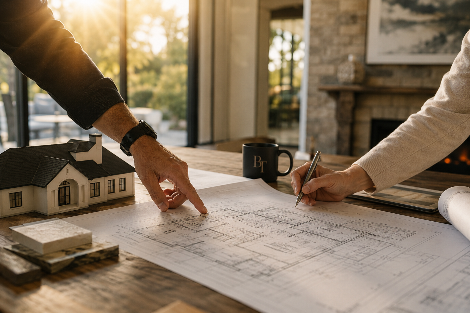 Two people are reviewing architectural blueprints on a wooden table, one pointing at the plans and the other writing, with a model house and a mug nearby.