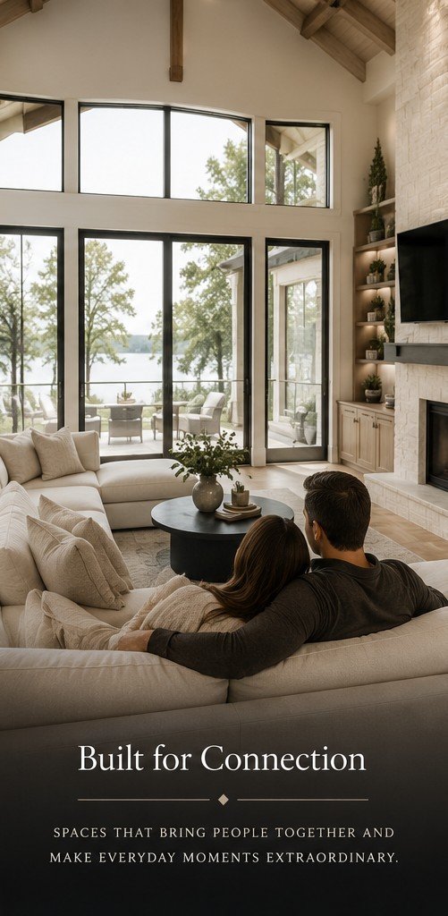 A couple sitting on a beige sofa in a modern living room with large floor-to-ceiling windows overlooking a lake, with outdoor seating on a balcony. The room has a white brick fireplace, built-in shelves with decor, and a mounted TV. The space is bright and cozy, emphasizing connection and everyday moments.