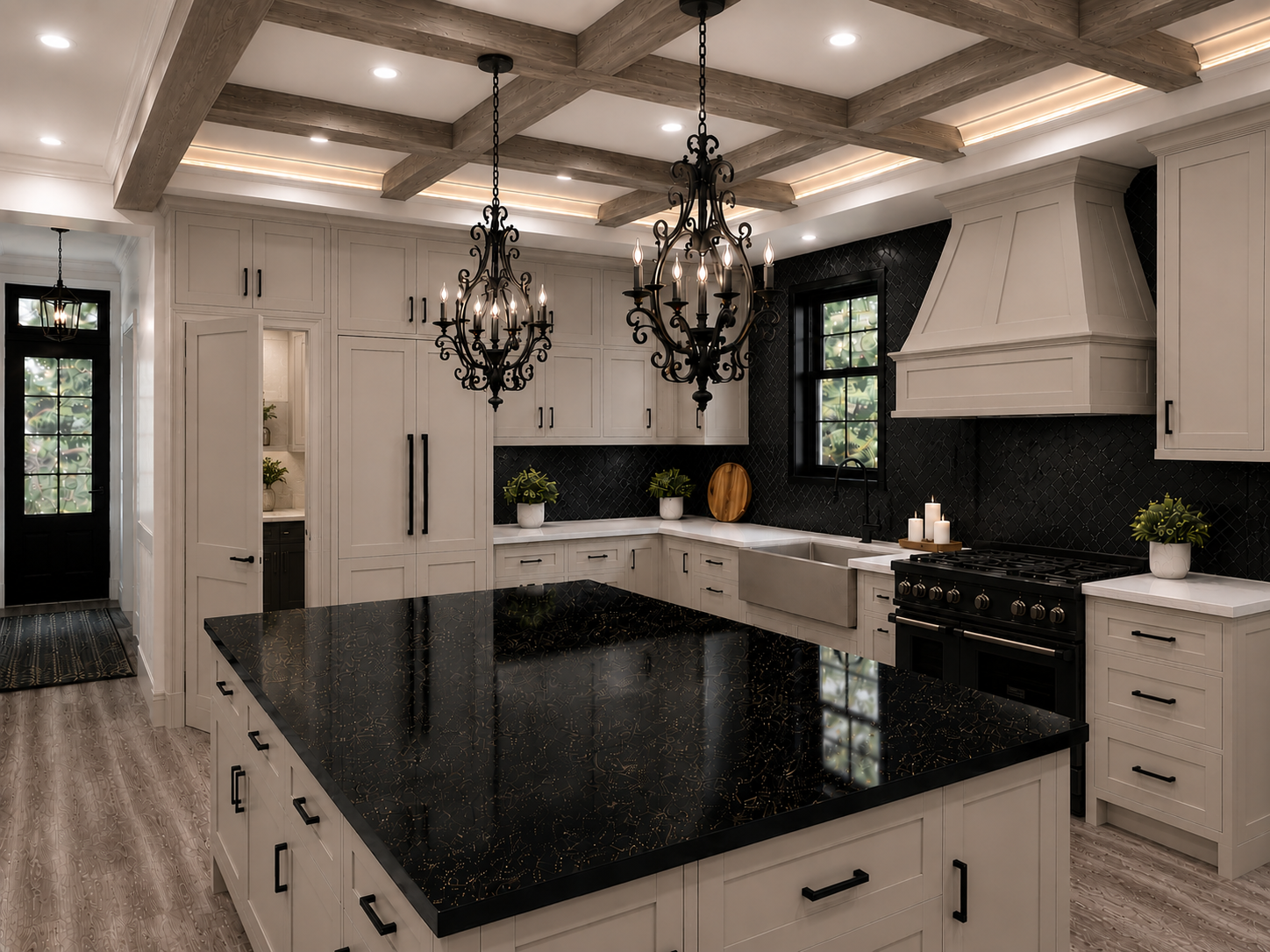 Modern kitchen with white cabinets, black countertops with gold accents, two black chandeliers, black window frames, black stove, and decorative plants.