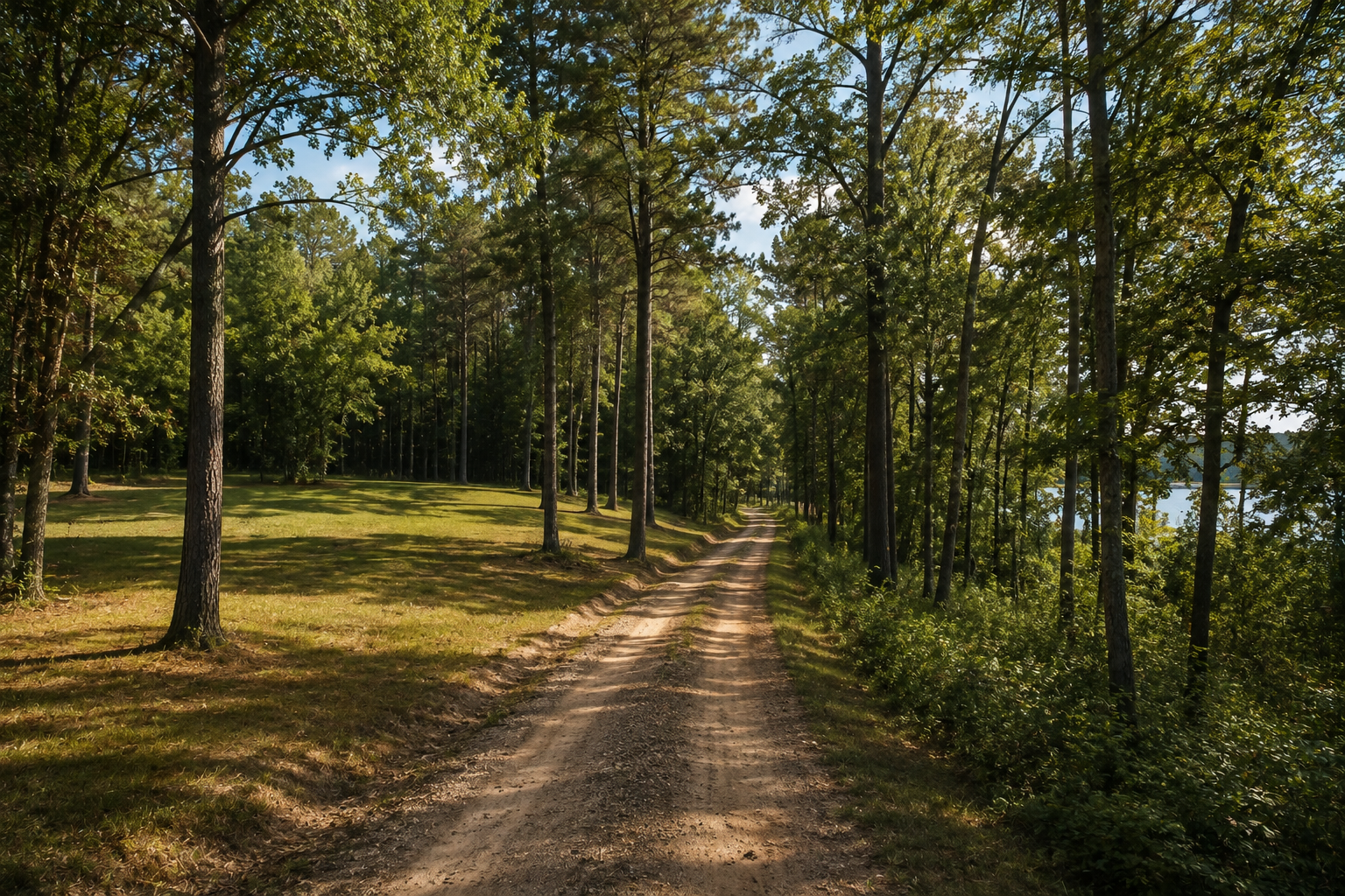 A dirt road winding through a lush green forest near a lake, with trees casting shadows on the ground and blue sky visible through the leaves.