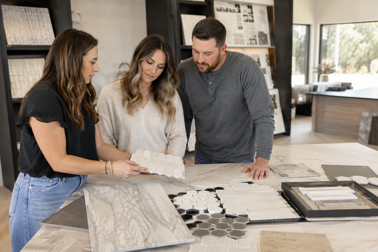 Three people discussing and examining fabric and tile samples in a home decor store or showroom.