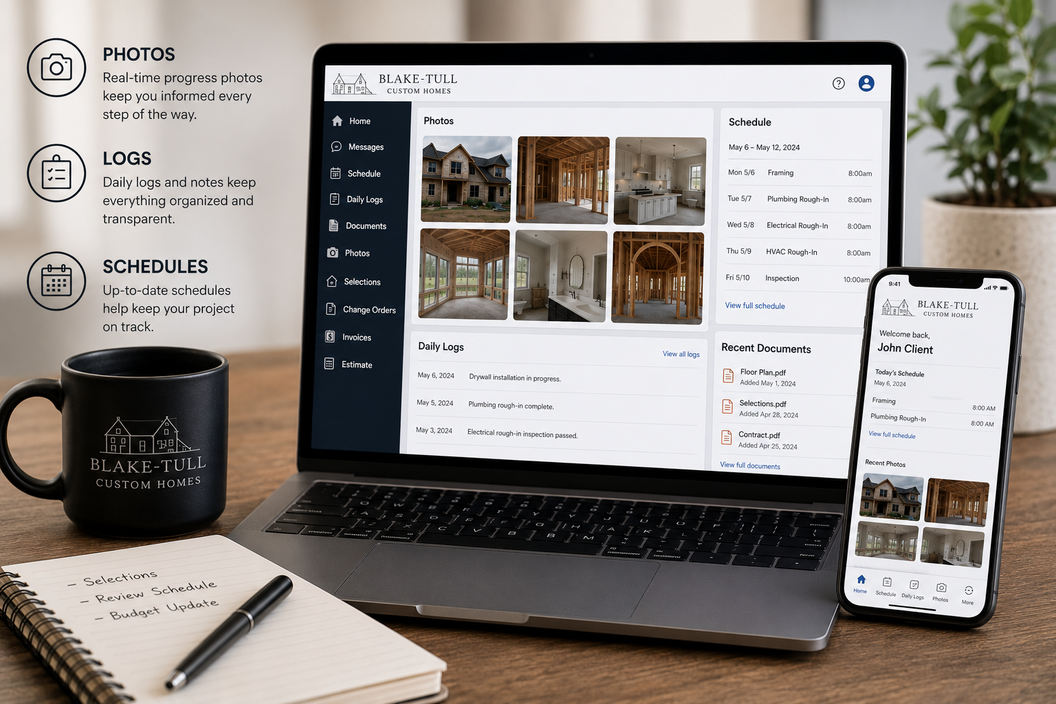 Laptop and smartphone displaying home construction project management dashboard with photos, schedules, logs, and documents.