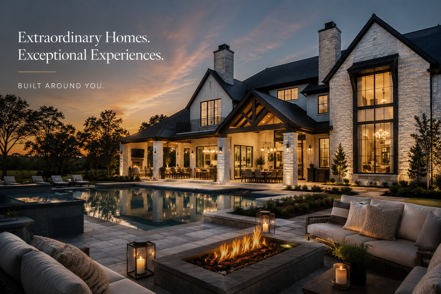 Luxury house exterior at sunset with illuminated interior, swimming pool, outdoor seating with pillows, fire pit, and garden lighting.