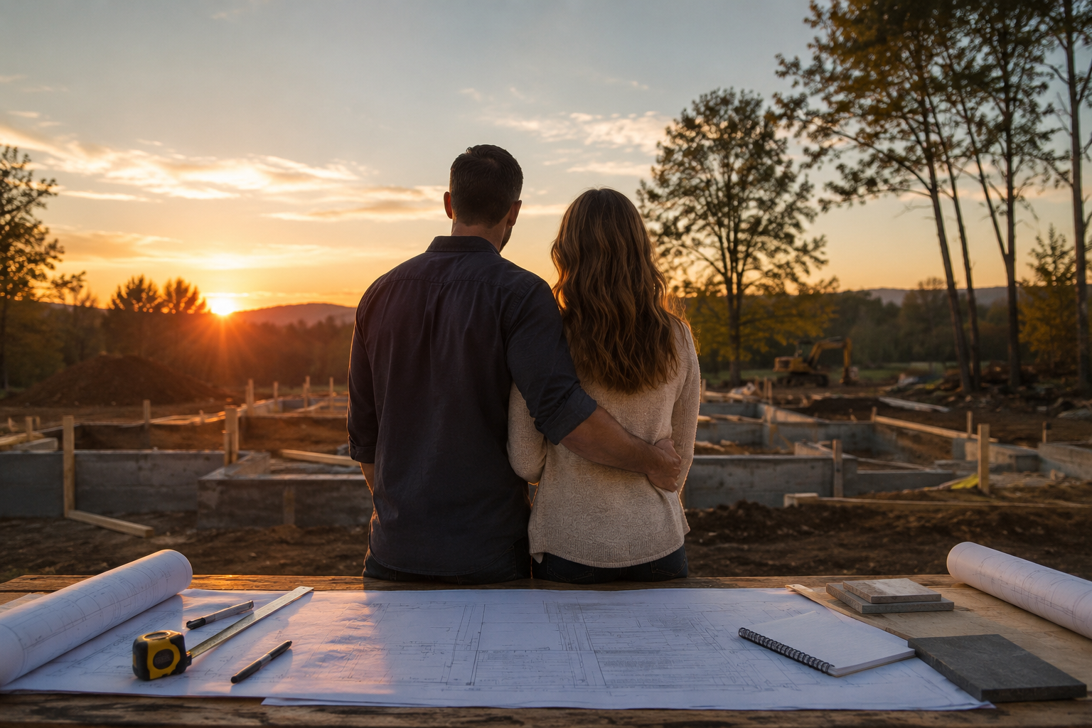 A man and woman standing arm-in-arm at a construction site during sunset, with blueprints and tools on a wooden table in the foreground.