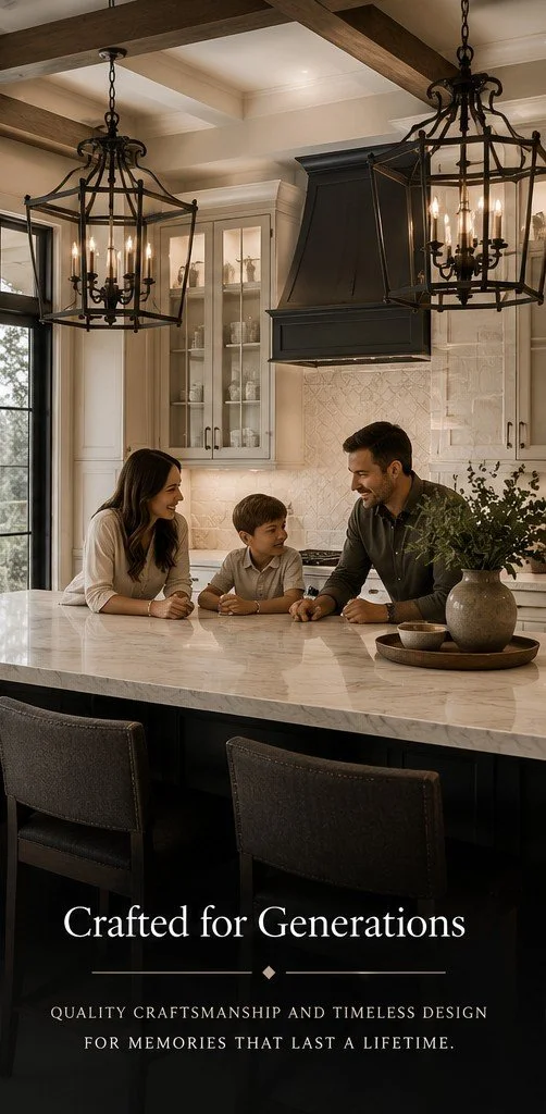 Family of three enjoying time in a modern kitchen with a marble island, glass-front cabinets, and decorative lighting fixtures.
