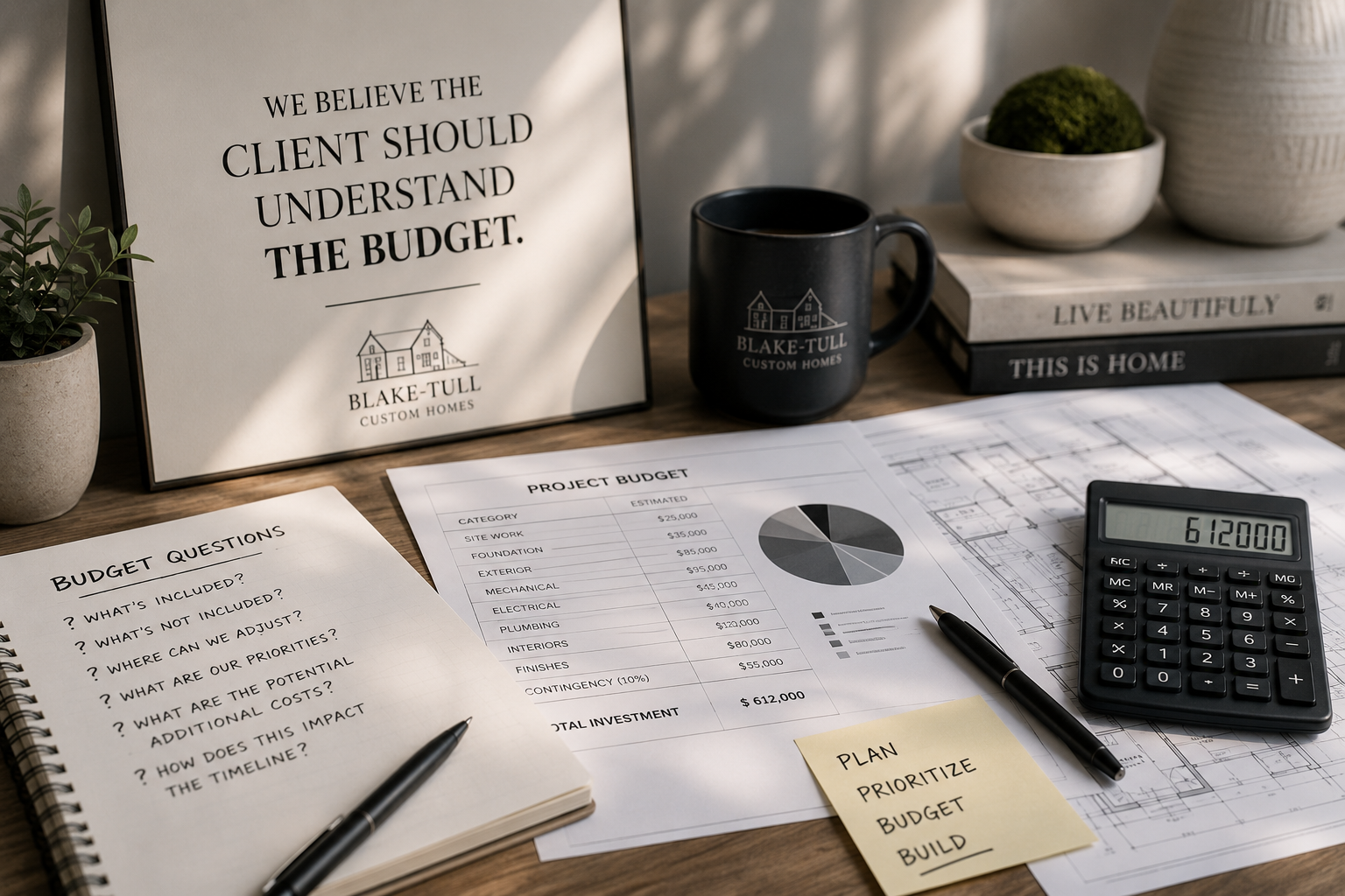 A workspace with a framed quote saying, 'We believe the client should understand the budget' and the logo 'Blake-Tull Custom Homes'.