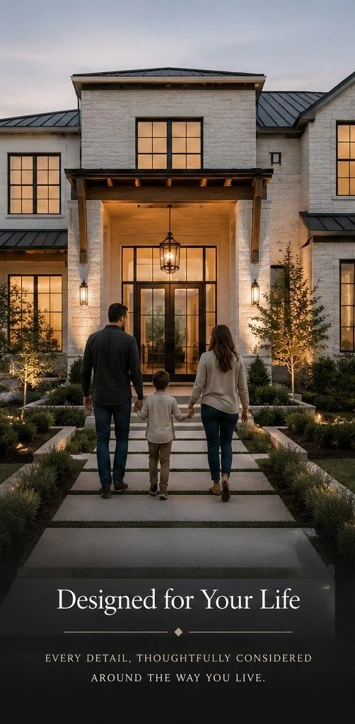 A family of three walking up the steps of a modern house during dusk, with warm lighting and landscaped yard.