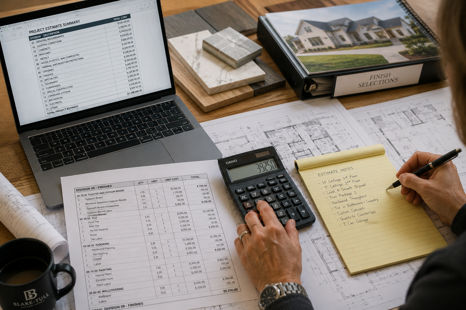 Architectural plans and construction documents on a desk, with a person using a calculator, handwritten notes, a laptop showing a project estimate, sample materials, and a binder labeled 'Finish Selections' at a construction site.