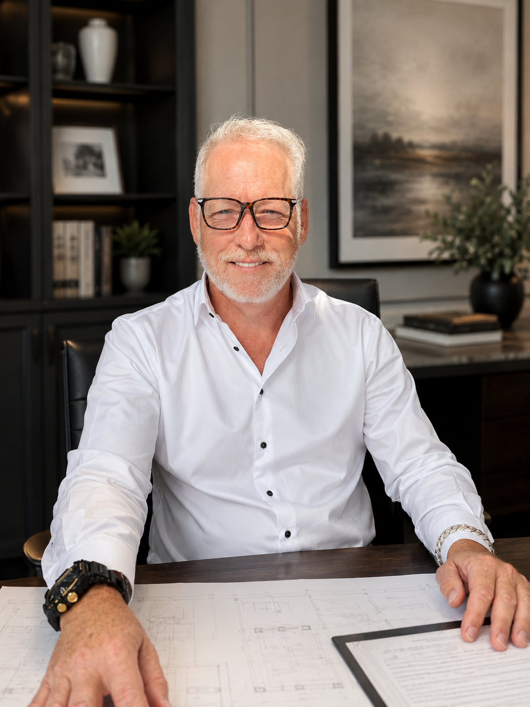 An older man with white hair and beard, wearing glasses and a white shirt, smiling while sitting at a desk in an office. Behind him are shelves with books and decorative items, and a large painting on the wall.