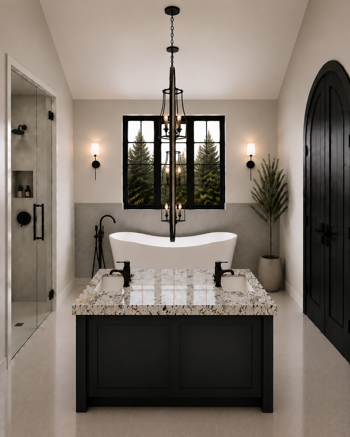 Modern bathroom with a freestanding bathtub, black fixtures, a window with view of pine trees, a black chandelier, a marble-topped black vanity, a potted plant, and a glass-enclosed shower.