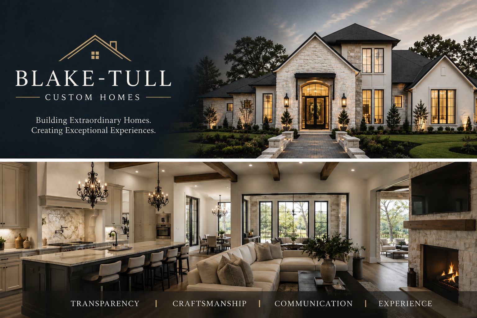 A luxurious home with a stone exterior and large lit windows at dusk, accompanied by an interior view of an elegant, spacious living kitchen with chandeliers, fireplace, and large windows.