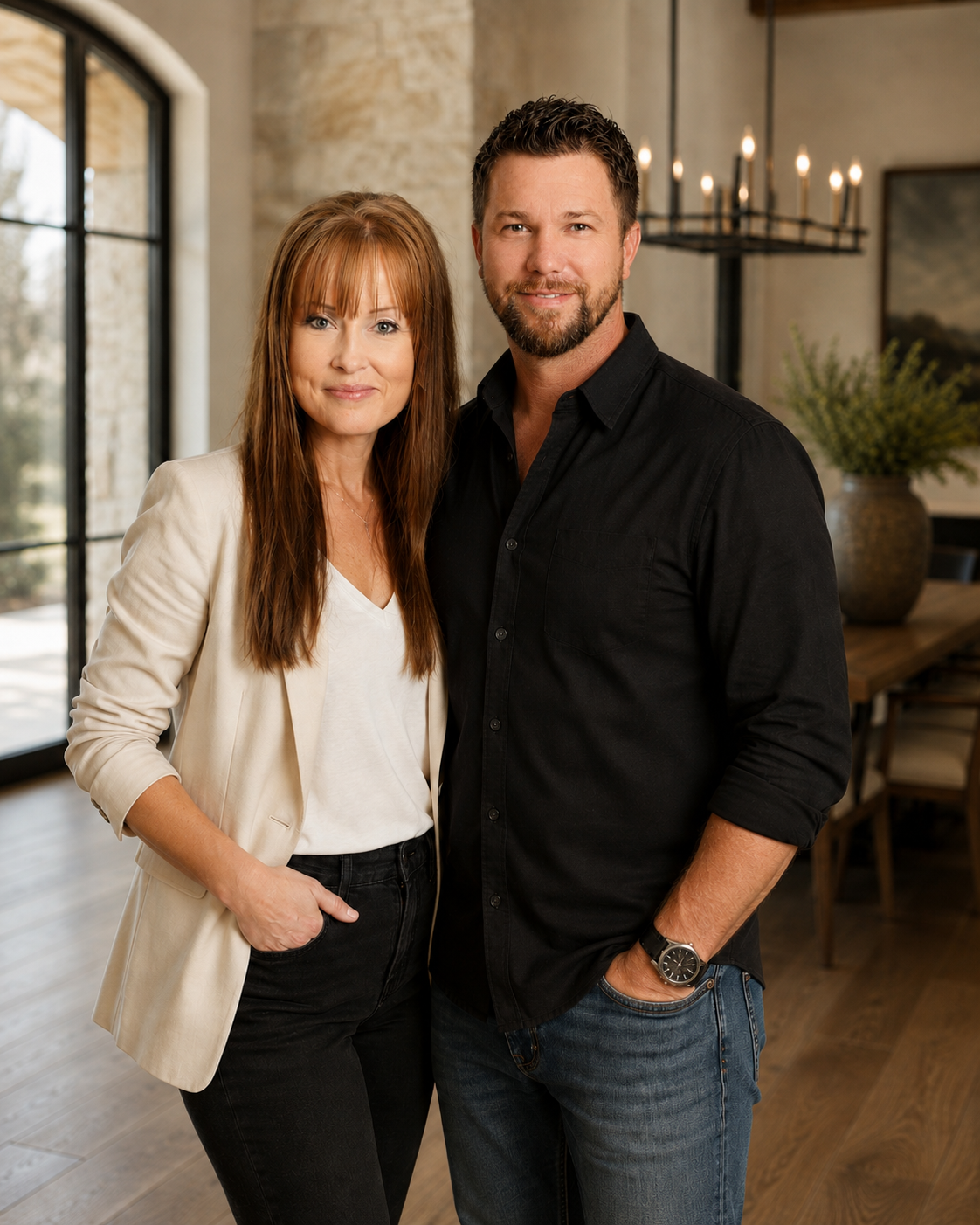 A woman with long reddish hair and a man with short dark hair and a beard standing together in a well-lit room.