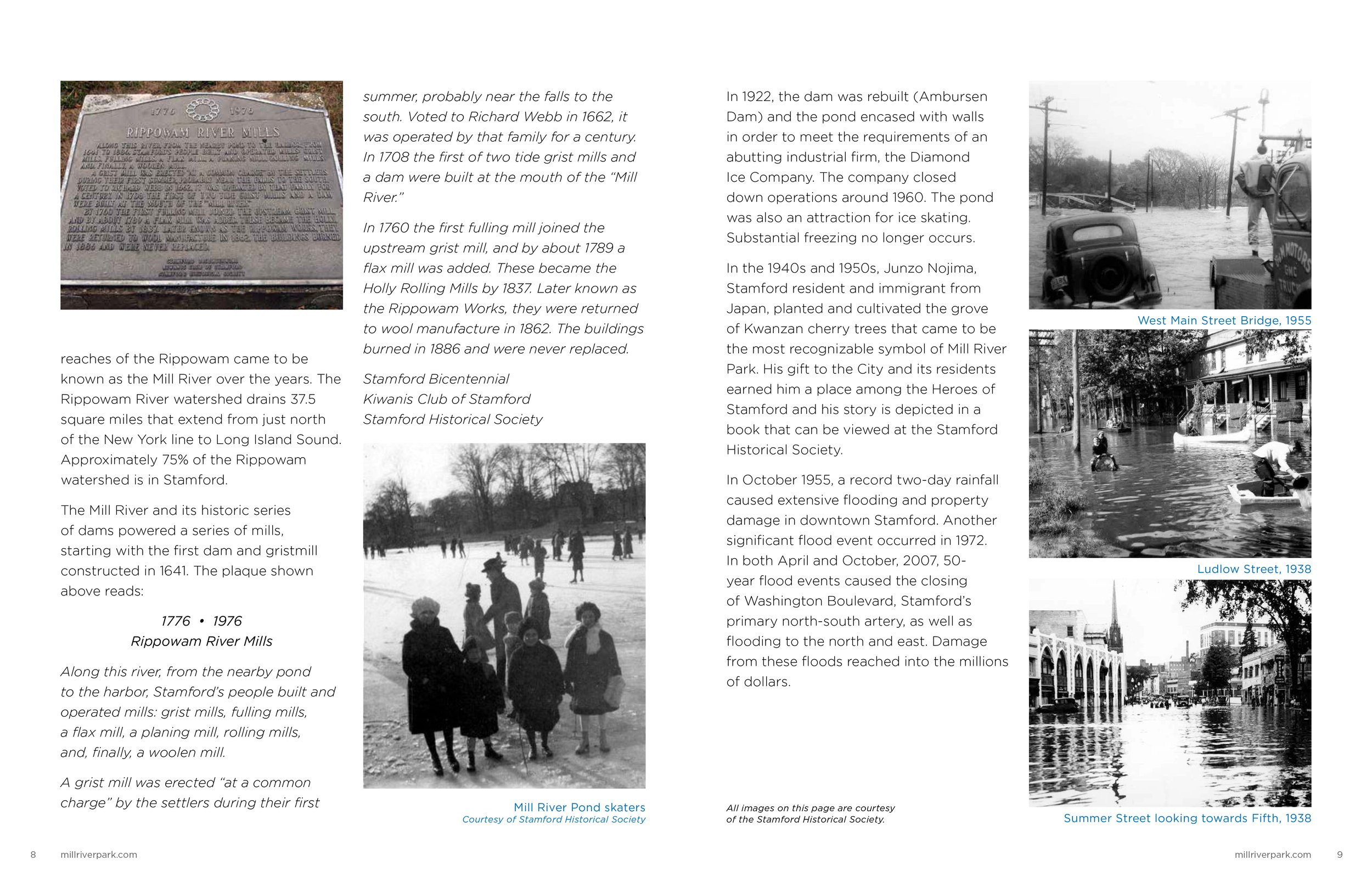 Interior spread for The Plan for Mill River Park. Included research and scanning of historical photos.