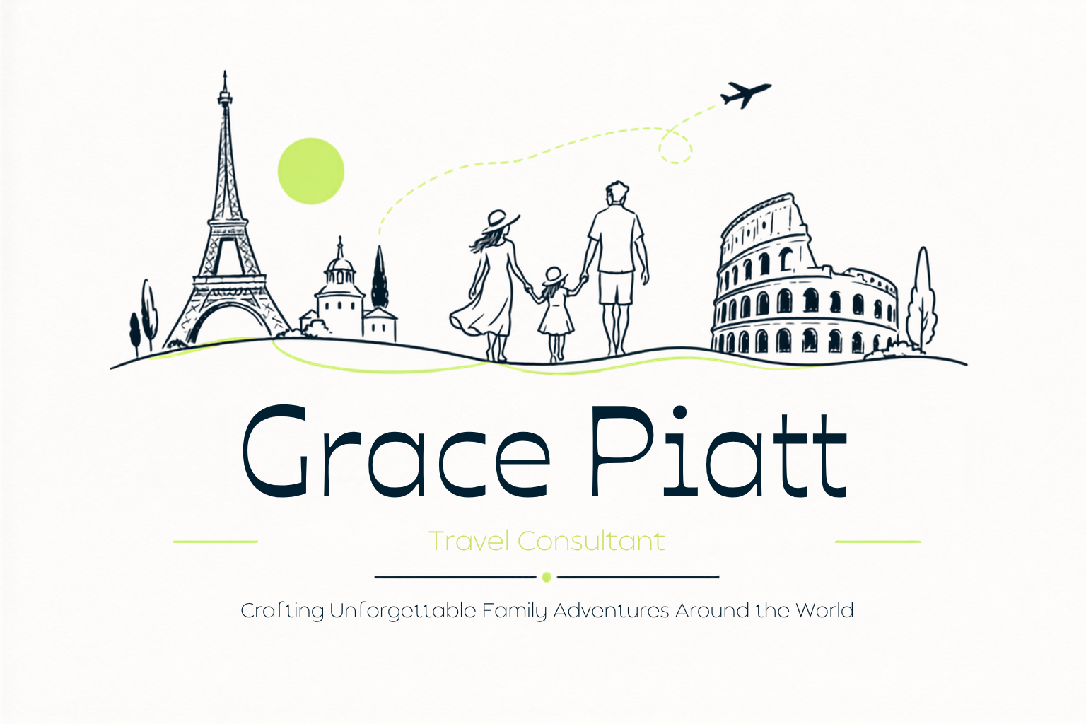 A travel logo featuring outline drawings of the Eiffel Tower, a church, and the Colosseum, with a family holding hands walking in front, a plane flying above, and a green circle representing the sun. Text reads 'Grace Piatt, Travel Consultant' and 'Crafting Unforgettable Family Adventures Around the World.'