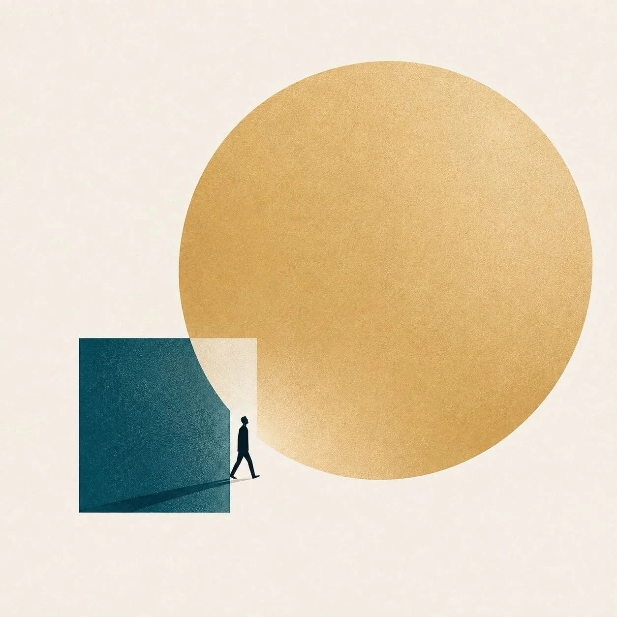 Minimalist artwork with a large golden circle, a small dark rectangular shape resembling a doorway, and a silhouetted person walking out of it against a plain background.