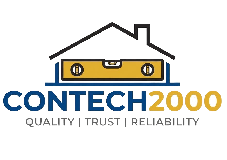 A logo with a house outline, a level tool, and the text 'CONTECH 2000' in blue and gold, with the slogan 'Quality, Trust, Reliability' below.