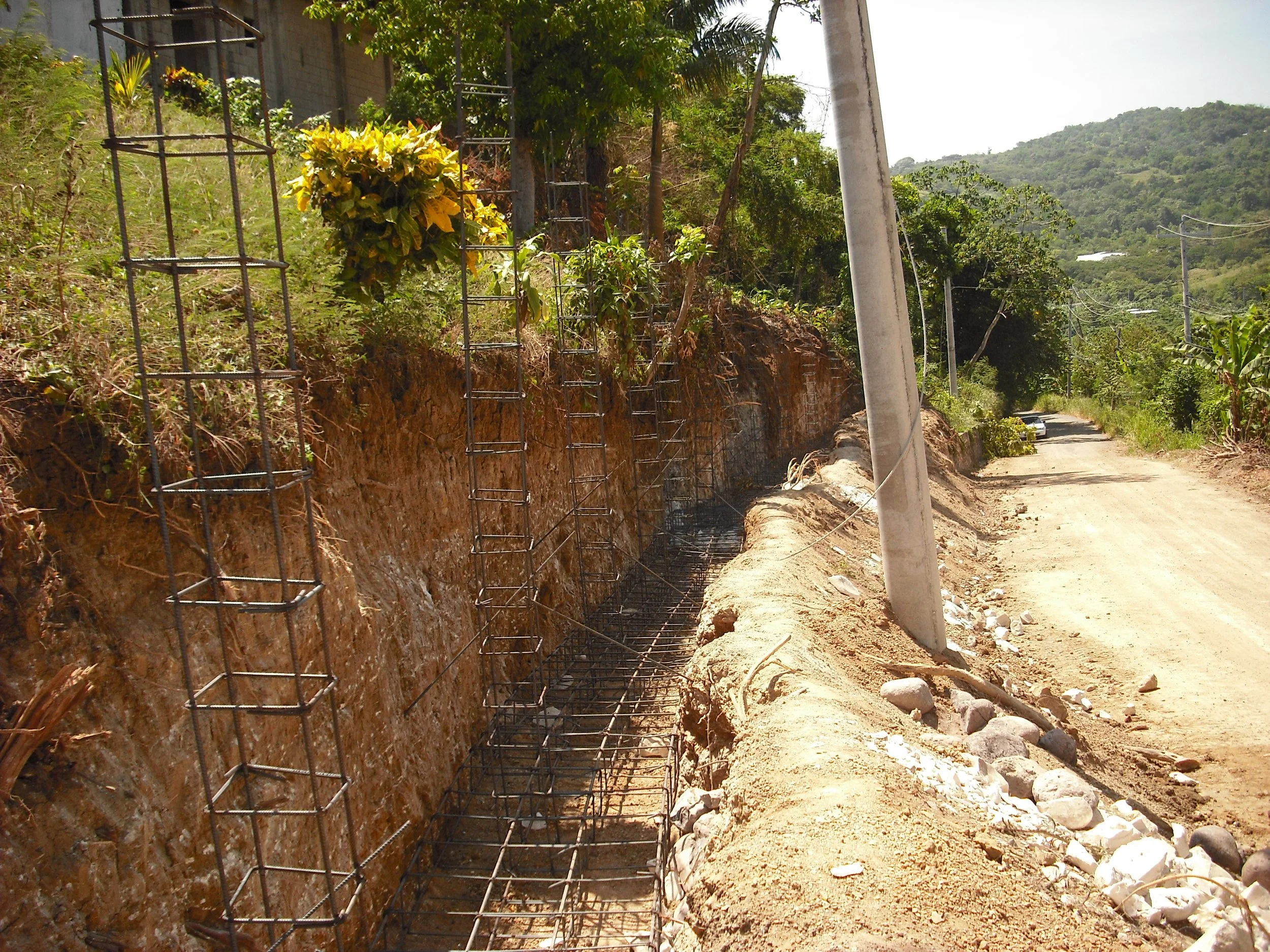 Steel rebar  for a retaining wall, on a hill