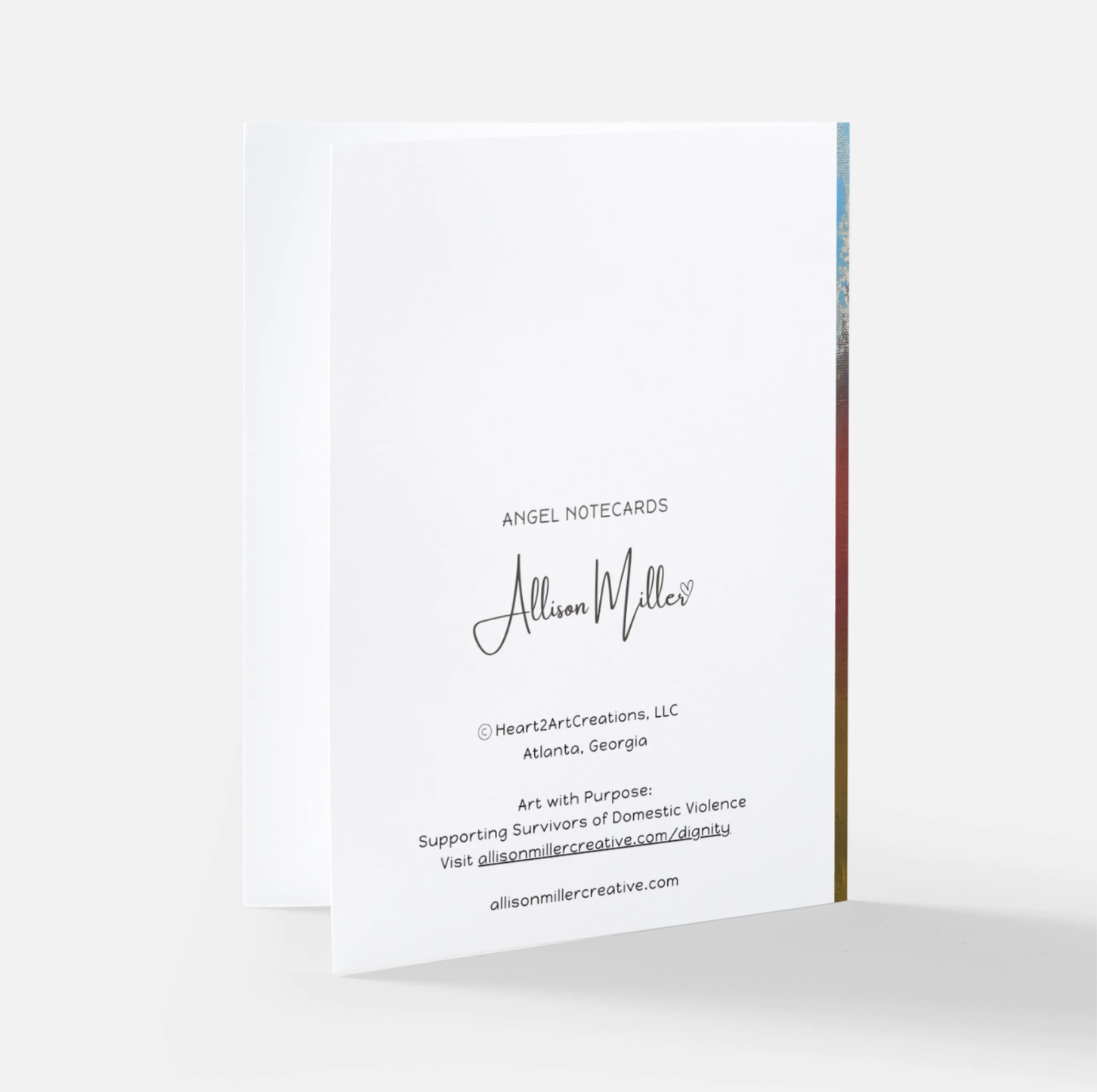 Back view of Note Card with Artist name, collection, and purchase information.