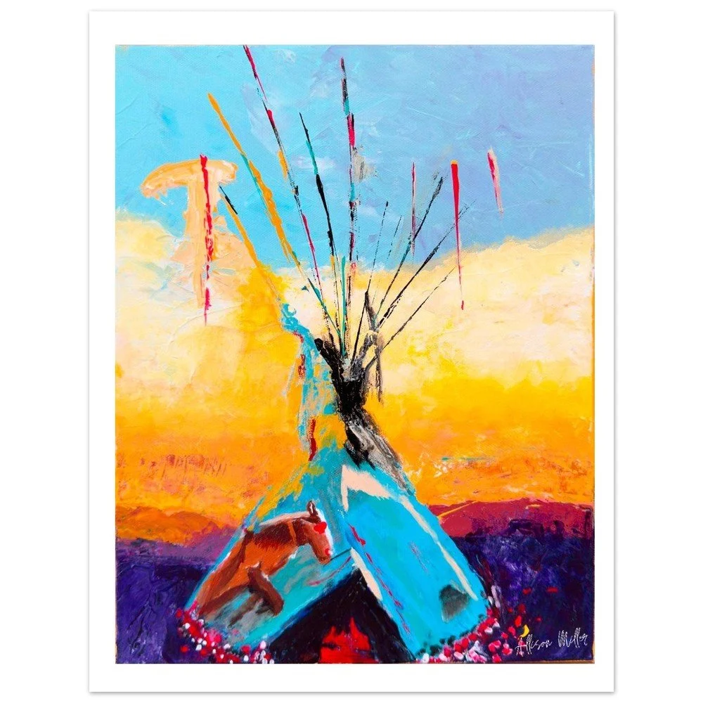 Sunset Western Landscape Wall Decor - Vibrant Teepee and Horse Fine Art Print