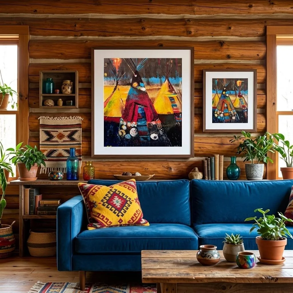 Mockup of Textured acrylic painting in cabin living room setting