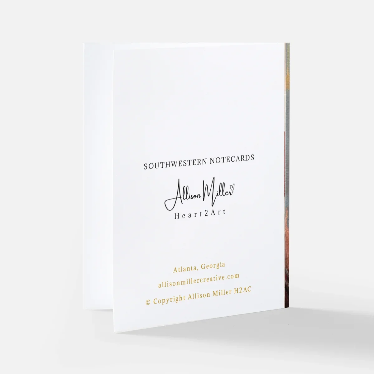 Back view of Note Card with Artist name, collection, and purchase information.