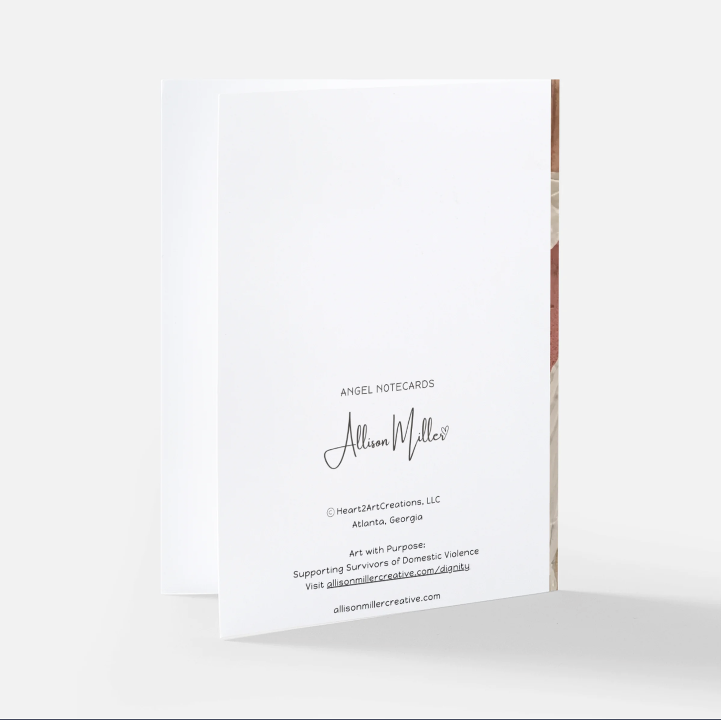 Back view of Note Card with Artist name, collection, and purchase information.