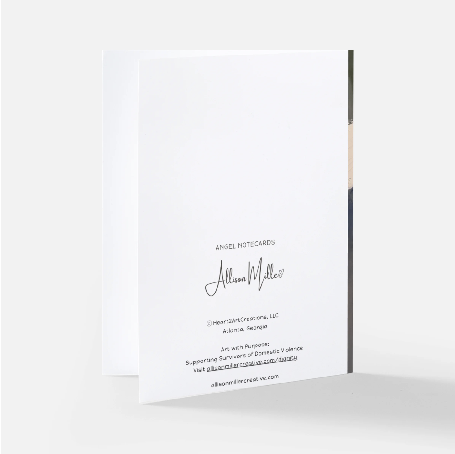 Back view of Note Card with Artist name, collection, and purchase information.