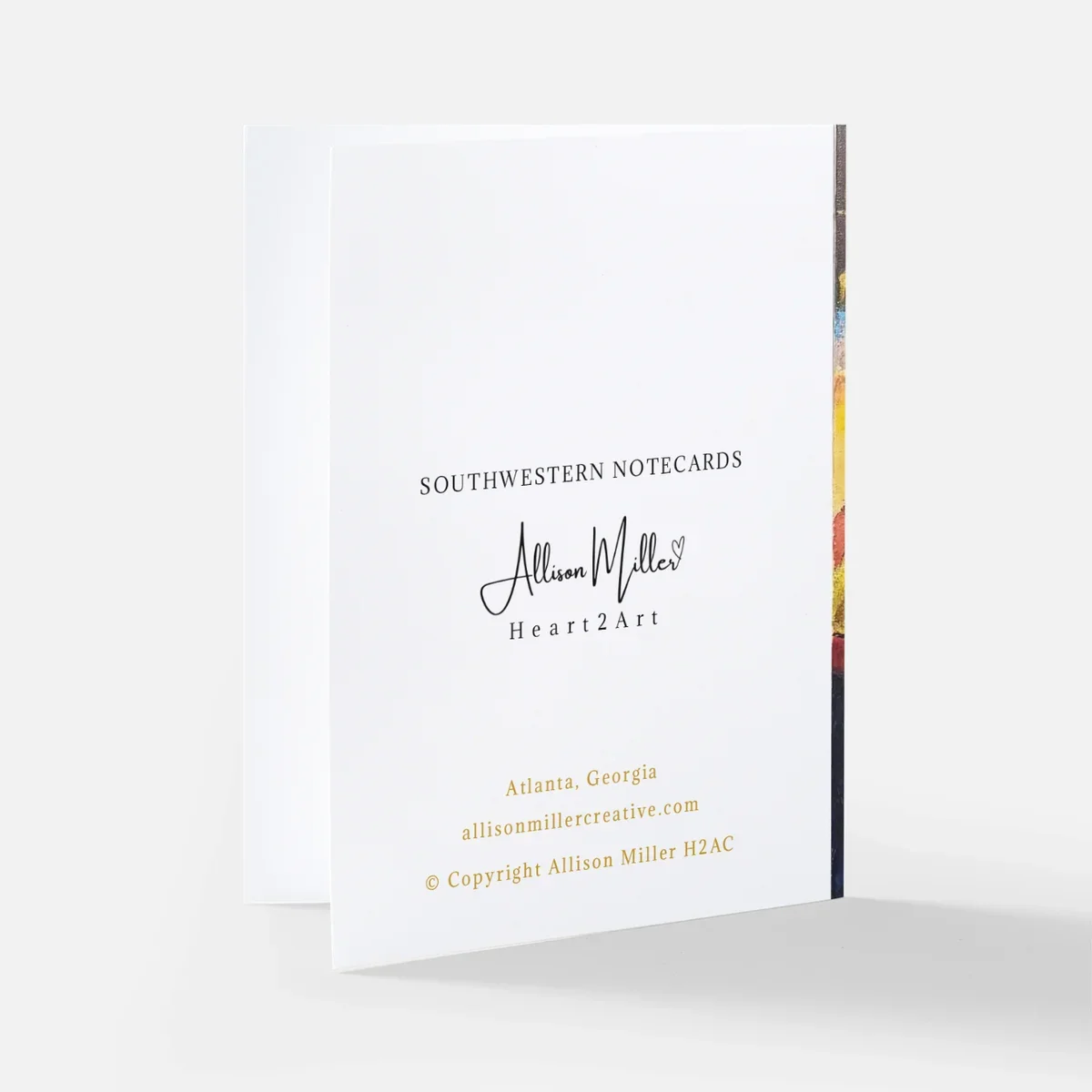Back view of Note Card with Artist name, collection, and purchase information.