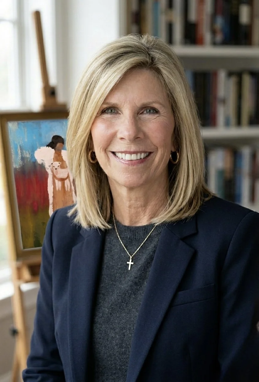 A smiling woman with blonde hair wearing a dark blazer and a cross necklace, standing in front of a bookshelf and an easel with a colorful painting.
