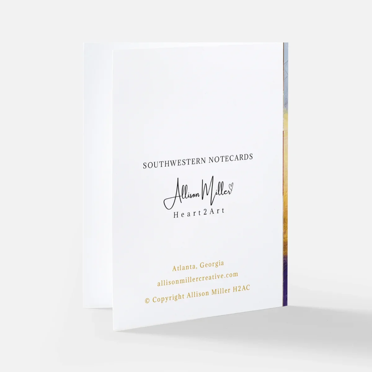 Back view of Note Card with Artist name, collection, and purchase information.