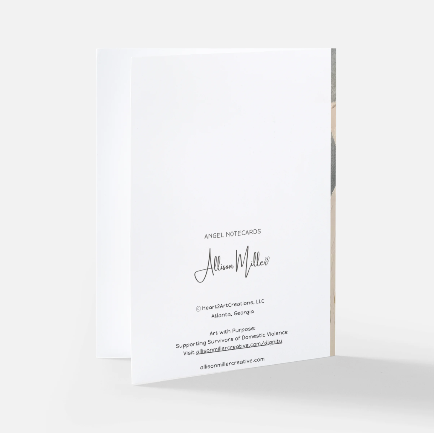 Back view of Note Card with Artist name, collection, and purchase information.