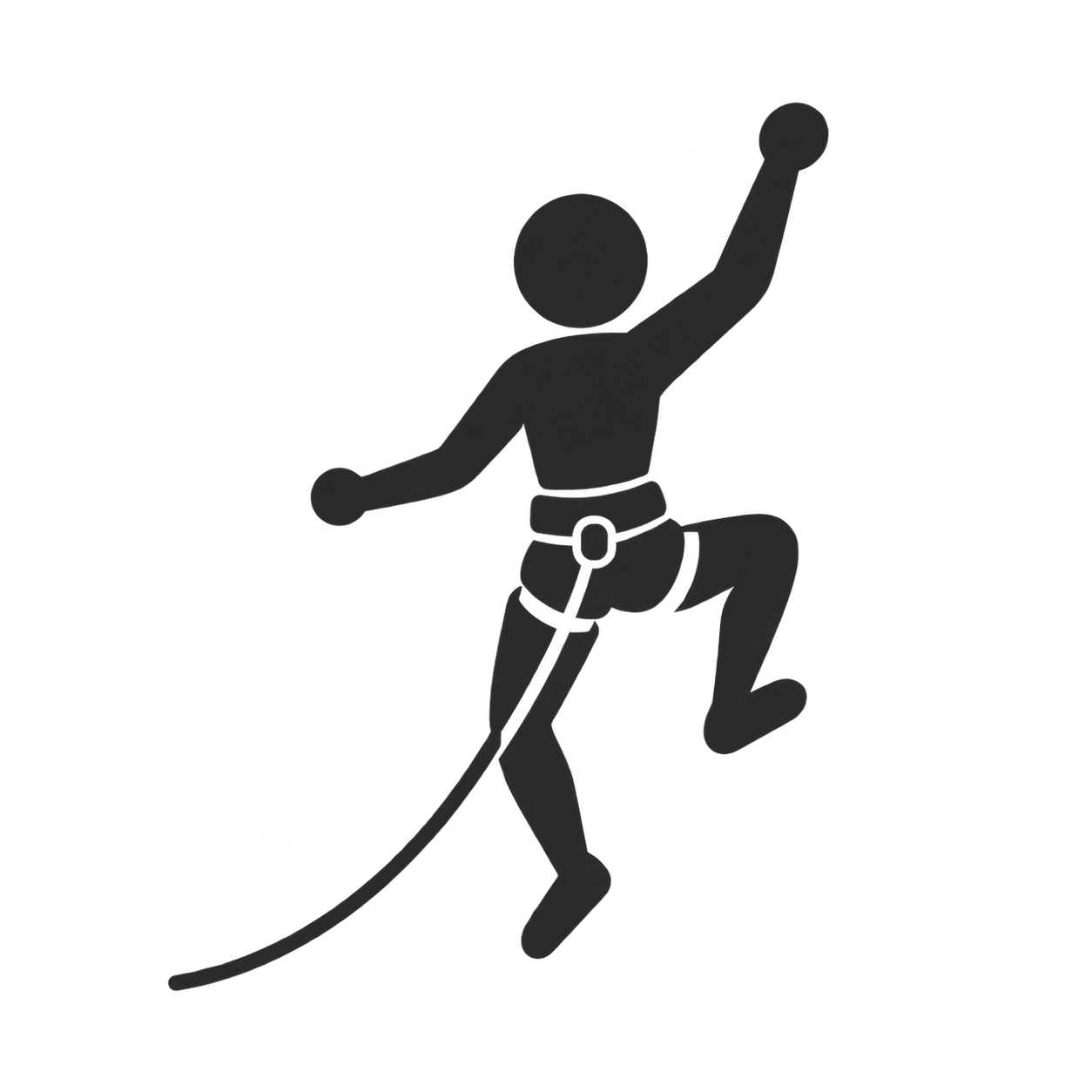 Silhouette of a person climbing a rope, with one arm extended upward and the other holding the rope, wearing a harness.