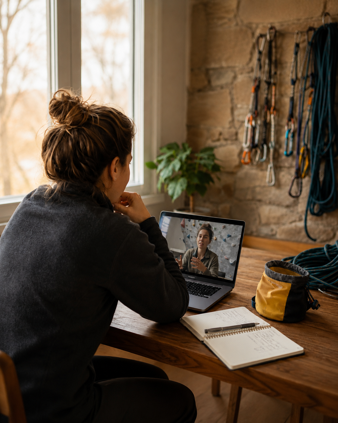 A woman with brown hair tied in a bun participating in a virtual rock climbing training session via video call from her home gym, with climbing equipment hanging on the brick wall behind her.