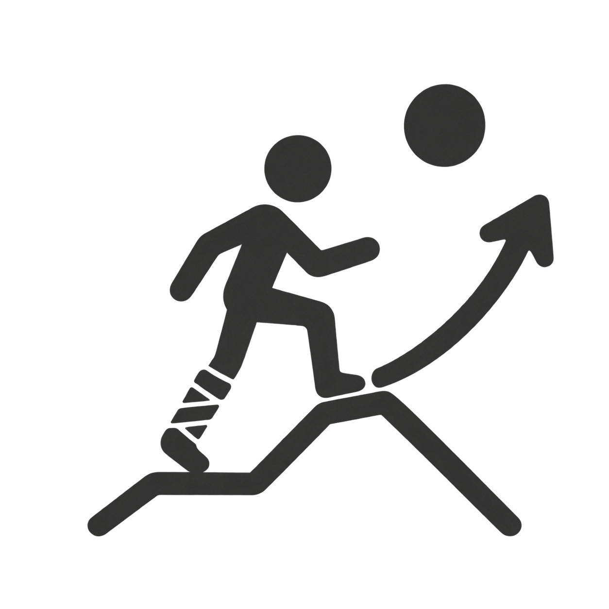 Silhouette of a person ascending a steep mountain trail with an upward arrow indicating growth or progress.
