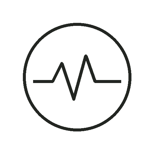 Heart rate monitor icon with a line graph inside a circle.