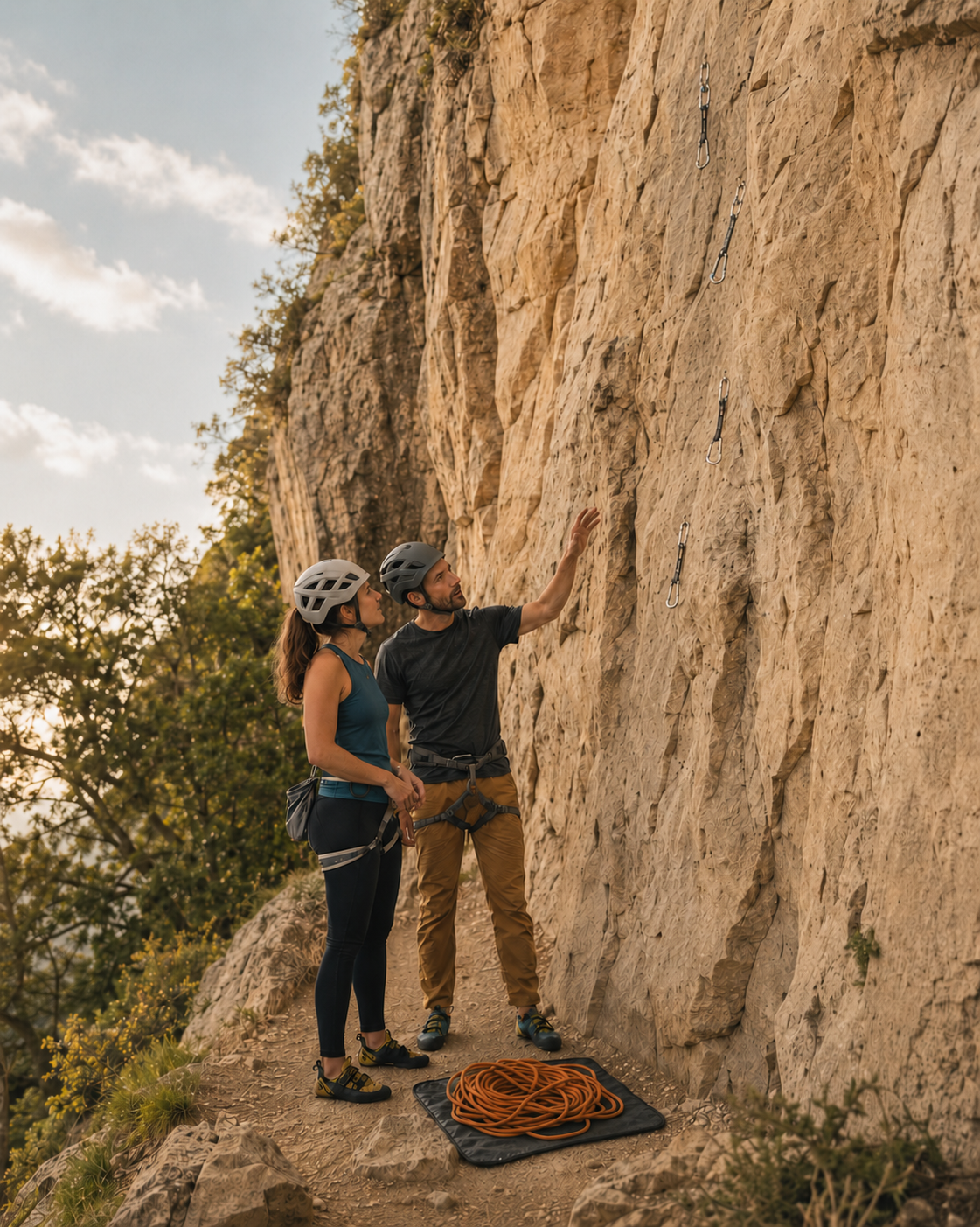 Two rock climbers wearing helmets and harnesses on a rocky cliff, with one pointing at the climbing holds while the other listens, with rope and climbing gear on the ground.