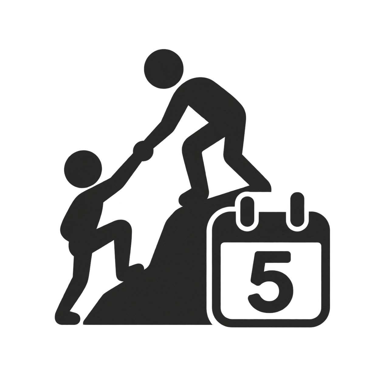 Silhouette of one person helping another climb a small ledge, with a calendar showing the number 5.