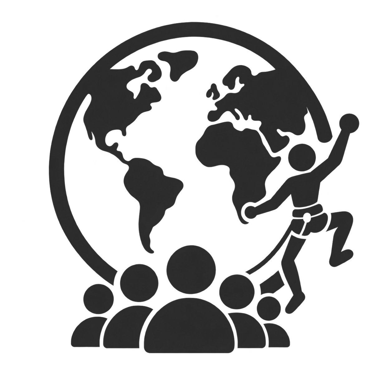 Silhouette of a person rock climbing a globe, with a group of people at the bottom, representing teamwork and global achievement.