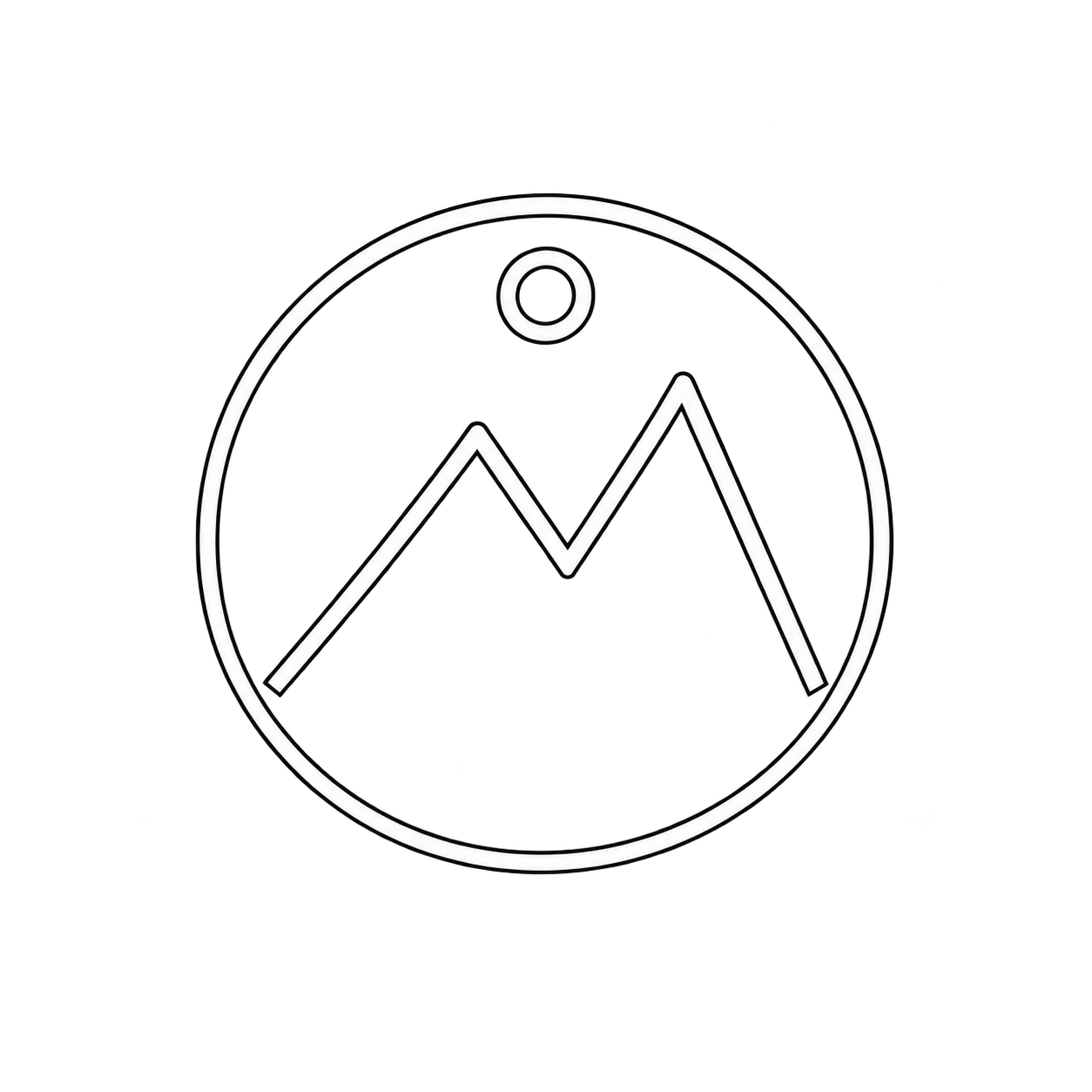 Black-and-white line drawing of a circular mountain landscape with two peaks, a small circle representing the sun or moon, all enclosed within a circle outline.