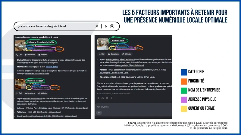 Recommandations de Google pour une boulangerie à Laval, annotées selon cinq facteurs : catégorie, proximité, nom, adresse et heures d'ouverture